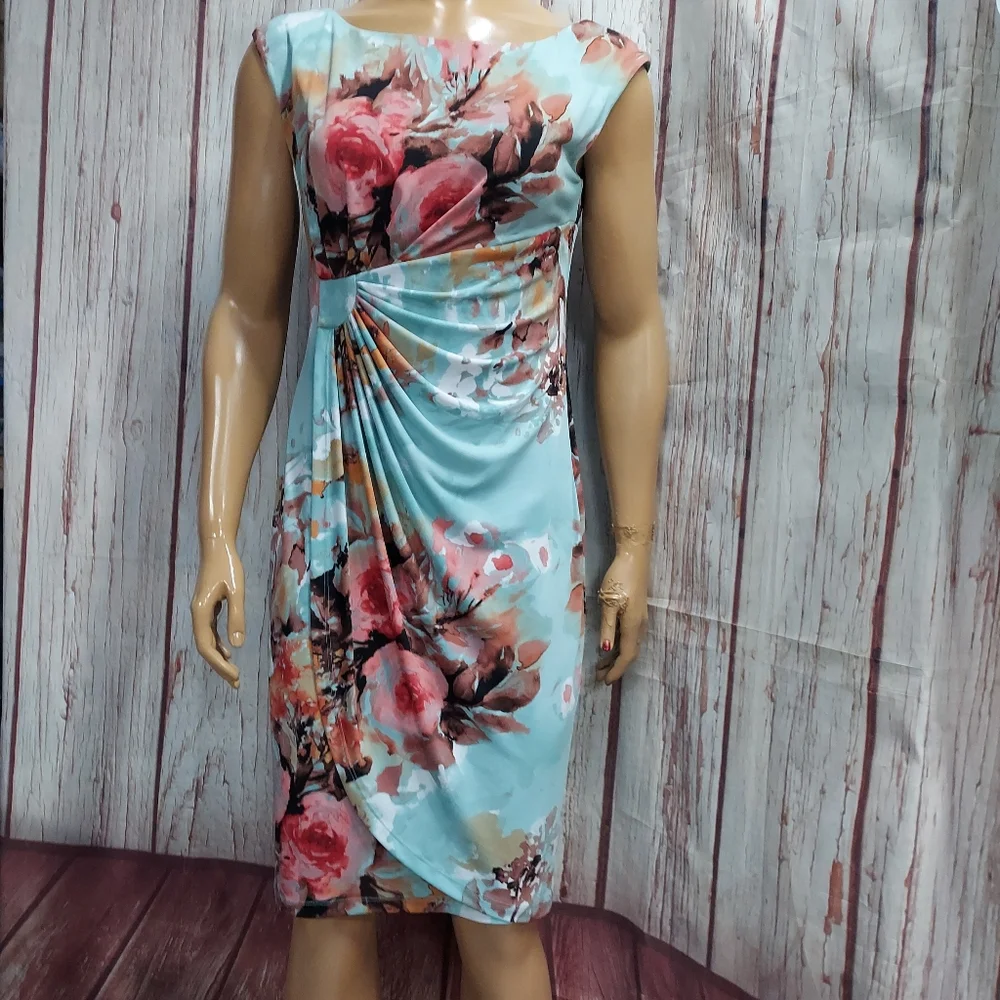 Connected Apparel Floral Print Ruched Wrap Look Midi Dress - Picture 10 of 14